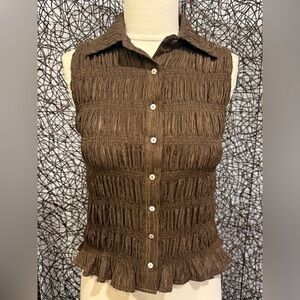 Sleeveless Brown Button-Down Textured Top